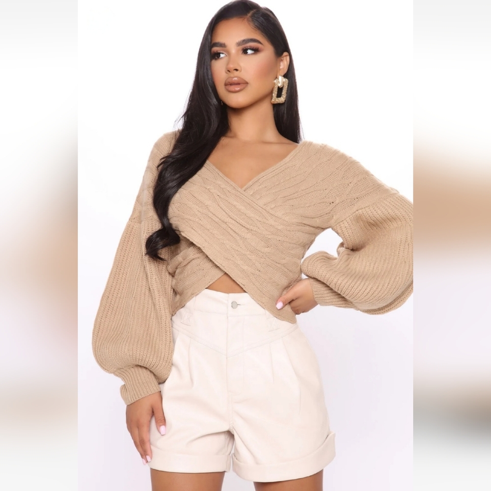 🔥Cable Knit Crossover Off The Shoulder Sweater In Taupe, Sz M, New, W/Tags!